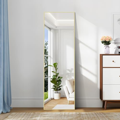 COFENY Ganzkörperspiegel, 147 × 44 cm Standspiegel mit Aluminiumrahmen, Spiegel Groß zum Stehen, Anlehnen oder Hängen, Spiegel Ganzkörper für Schlafzimmer, Wohnzimmer,Gold