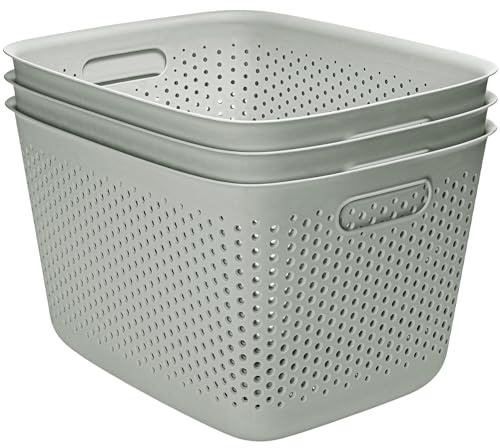 KONZEPT 3er Set Aufbewahrungsbox 17l, Aufbewahrungskorb aus Kunststoff mit Griff, perforierte, grünlich Boxen zur Aufbewahrung
