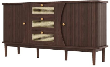 Azkoeesy 140 cm Rattan Sideboard Kommode mit 3 Schubladen und 2 Schiebetüren für Wohnzimmer und Schlafzimmer, Badezimmer (Natur)