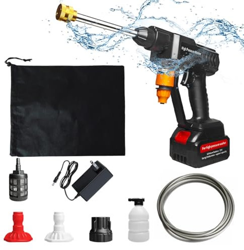 Nettoyeur Haute Pression sans Fil, 21V Nettoyeur Haute Pression sur Batterie avec Tuyau de 5M，Lance à Mousse de Neige, Buse de Pulvérisation Réglable-1 Batteries de 1,5 Ah
