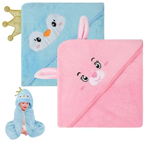 Aolso Kapuzenhandtuch Baby, 2pcs Baby Handtuch Kapuze Handtuch, Badeponcho für Babys und Kleinkinder ab für 0-6 Jahre, Poncho aus Korallenfleece, Blauer Pinguin - Rosa Hase