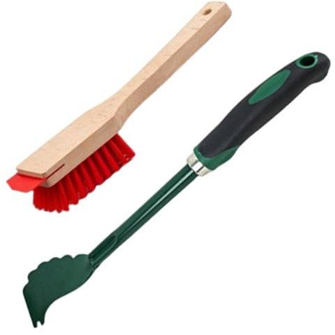 Mower Deck Scraper and Stiff Bristle Scrub Brush with Handle, Portable Lawnmower Cleaning Tool, Outdoor Garden Deck Brush for Removing Dirt, Grass and Debris