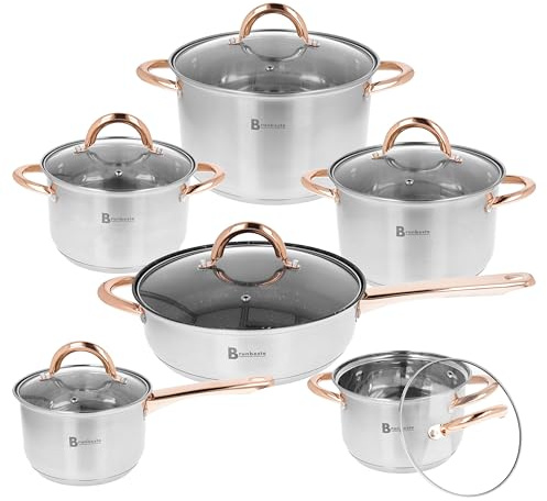 Brunbeste Topfset, 12-teilig, Edelstahl mit Goldenen Akzenten, 5-lagiger Boden, Induktion geeignet, spülmaschinenfest