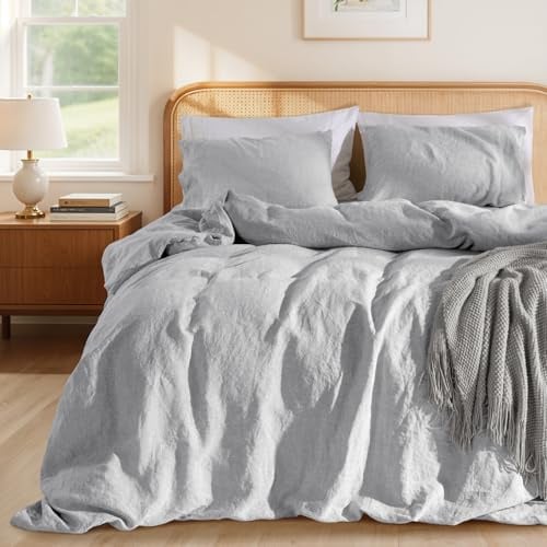 LBRO2M 100% France Linen Duvet Cover Set Full Size 3 Pcs Natural Flax Comforter Cover with Zipper Closure 2 Pillowcase Breathable Duvet Cover (Gray Full)