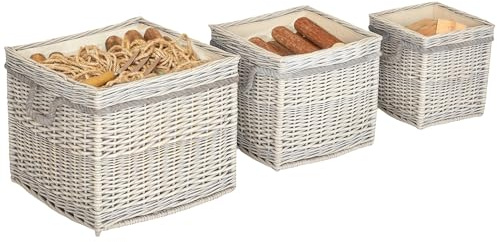 Outsunny 3er Set Holzkörbe für Holzofen Innen, runder Aufbewahrungskorb mit Futter und Seilgriffen für Kaminaufbewahrung, Decken, Beige