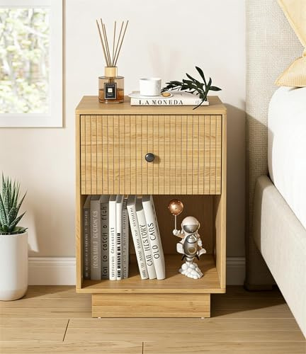 Manora Nachttisch Holz Natur 40 cm Breit - Landhausstil Nightstand Eiche mit Schublade, Modern Farmhouse Möbel,Beistelltisch Holz Eiche für Wohnzimmer & Schlafzimmer