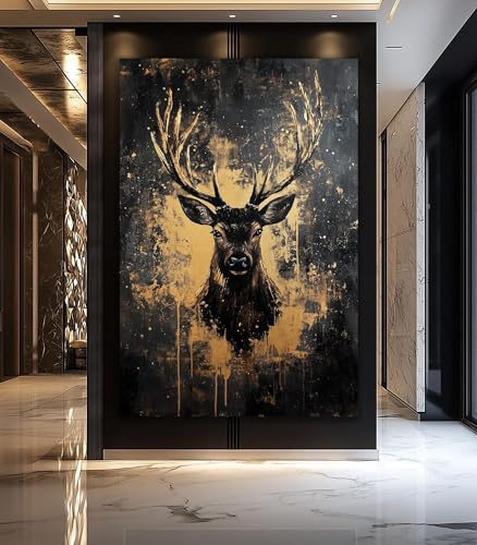 YUSUZHU Hirsch-Wandbild auf Leinwand, Wanddekoration mit schwarzem und goldenem Hirschmotiv, rustikales Hüttenmotiv, luxuriöses Wildtiergemälde, Wohnbild (60 x 80 cm/Innenrahmen)