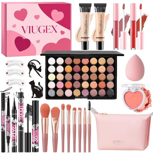 Viugex Coffret Maquillage Femme, Coffret Cadeau Maquillage, Kit de Maquillage Complet pour Adolescente Fille, avec Fond de Teint Fard à Paupières Blush Gloss Mascara Eyeliner Crayon Sourcil Pinceaux