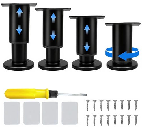HECHKJ 4 Piezas Patas de Muebles Ajustables 8-12cm, Patas para Cama y sofá, Metal Negro con 16 Tornillos y 4 Adhesivos, Patas para Muebles Modernos