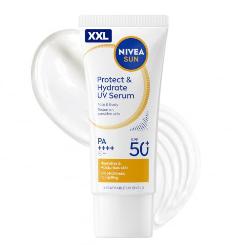 NIVEA SUN Breathable Serum LSF 50+, atmungsaktive Sonnencreme mit Vitamin E, ultraleichte XXL Gesichtspflege mit LSF 50+ für sensible Haut, Protect & Light Feel (90 ml)
