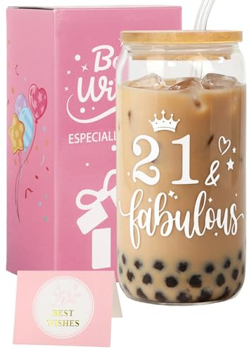 Nwvuop 21st Birthday Gifts16oz 21st Birthday Glass Cup with Lid & Straw, Iced Coffee & Smoothie Travel Mug for Best Friend, Sister, Girlfriend