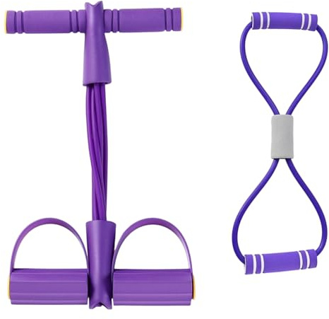 WUMZIRA Set 2 Pezzi Elastici Fitness per Casa, Attrezzo per Addominali con 4 Tubi e Elastico a 8, Corda Elastica per Esercizi, Yoga, Pilates e Allenamento Braccia, Gambe e Girovita, Viola