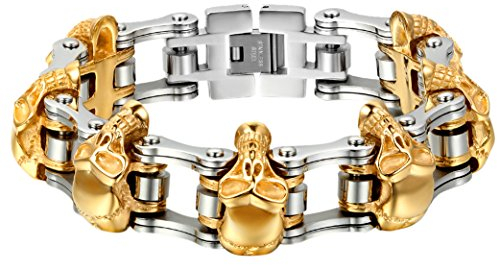 Cupimatch Herren Armband Edelstahl, Punk Große Schwere Totenkopf Schädel Skull Biker Fahrradkette Motorradkette Armreif Armkette, silber gold