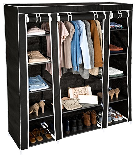 tectake Kleiderschrank Stoffschrank Garderobe Faltschrank mit Kleiderstange & 12 Fächern | 150 x 175 x 45 cm | -Diverse Farben- (Schwarz | Nr. 402528)