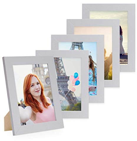 PHOTOLINI Bilderrahmen 10x15 cm Silber MDF-Holz, breite Rahmen, 5er Set, modern, bruchsicheres Acrylglas, zum Aufhängen & Aufstellen, extra Zubehör - für Ihre stilvolle Wanddekoration