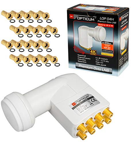 HB-DIGITAL Octo LNB LNC Opticum Red LOP-04H 8 Teilnehmer Direkt *** Full HD TV 3D 4K UHD Ultra HD weiß + Wetterschutz (ausziehbar) *** 16x F-Stecker vergoldet im Set mit dabei
