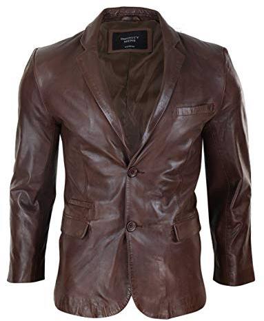 Mens Slim Fit Classic Genuine Leather 2 Button Blazer Jacket Vintage - Brown 5XL