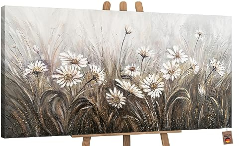 YS-Art Abstrakt Stil Acryl Gemälde auf Leinwand Gänseblümchen handgemalt Wandbilder Wohnzimmer modern Wohndekor Blumen Weide Bilder echte Kunstwerke gerahmt 140x70 cm