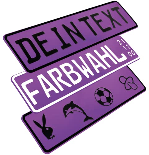 L & P Car Design FKZ 1 Stück Fun Kennzeichen 52cm x 11cm Wunschtext Bohrung Beschichtungsfarbe Individuell Wunschkennzeichen Wunschprägung Namens Kennzeichen Namensschild Farbe LILA