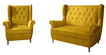 MOEBLO Couchgarnitur Ohrensofa 2 Sitzer + Sessel Sofa Garnitur Stoff Samt (Velour) Glamour Wohnlandschaft Chesterfield - Kros (Gelb (Omega 68))