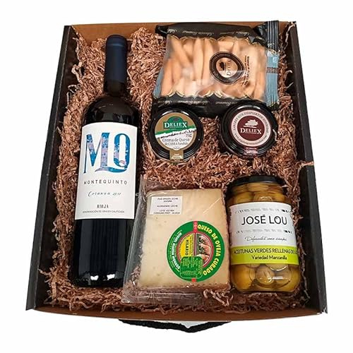 Deliex Cesta Regalo Selección Gourmet - Vino Montequinto Crianza, cuña de Queso Premium, Paté de Jamón Artesanal, Aceitunas y Colines - Regalo para Toda Ocasión