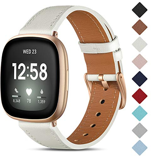CeMiKa Leder Armband Kompatibel mit Fitbit Sense/Fitbit Versa 3 Armband, Original Lederband Ersatzband mit Edelstahl-Verschluss, Weiß/Roségold