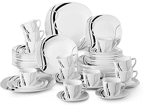 Tafelservice Opalglas, VEWEET Fionaglas 60 tlg | Geschirrset beinhatlet Kaffeetassen 280 ml, Untertasse, Dessertteller, Speiseteller und Suppenteller| Kombiservice für 12 Personen