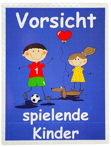 UvV Warnschild XXL Vorsicht spielende Kinder 60 x 45cm reflektierend - hochwertiges Alu-Dibond Schild - Bedruckt mit reflektierender Folie - Gute Sichtbarkeit auch bei Dunkelheit (blau-XXL)
