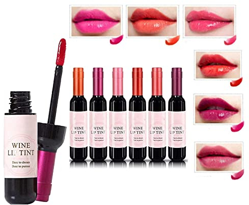 Hehimin 6 Farben/Set Wein-Lippentönung, matt, flüssiger Lippenstift, Wein-Lippentönung, wasserdicht, langlebig, Lipgloss, Mini-Make-up-Lippenstifte, Weinflasche, Lippenfleck