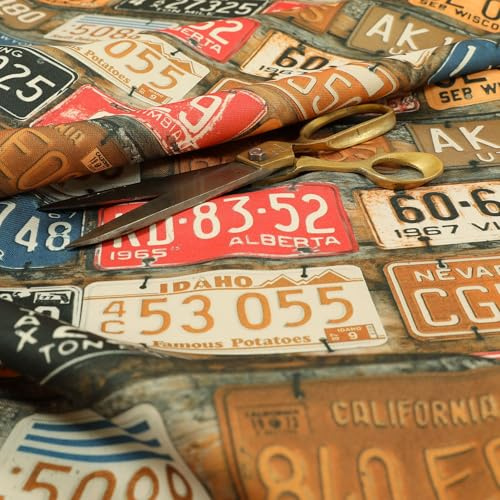 USA Car License Number Plate Retro Upholstery Fabric, Rust | By The Metre, Polyester
