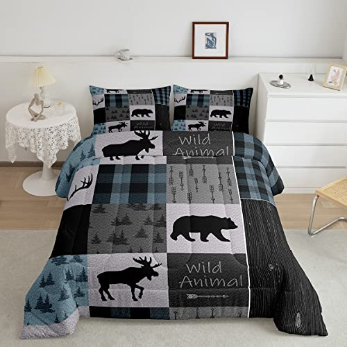 Bettwäsche-Set mit Camping- und Jagdmotiv, für Mädchen, Jungen, Kinder, Wildtier-Dekor, Tröster-Set, Camper-Thema, Tröster, Raumdekoration, Hirsch, Elch, Bär, Bettwäsche-Set, King-Size-Bettwäsche-Set