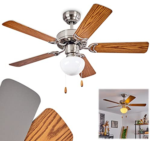 HOFSTEIN Deckenventilator Apiao, Deckenlampe aus Metall/MDF/Glas in Silber/Holzoptik/Braun/Weiß, 1 x E27, mit Schnurschalter, wendbare Rotorblätter, drei Stufen, für Wohnzimmer, Schlafzimmer