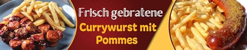 Banner 2,5 m 'Frisch gebratene Currywust mit Pommes' XXL Werbung PVC-Plane mit Ösen zum Aufhängen