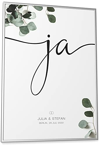 Papierschmiede® Personalisiertes Bild: JA Wort mit Namen, Datum und Ort | DIN A2 (42x59,4 cm) Bilderrahmen wählbar | Hochzeitsspruch, Personalisiert Bild Hochzeit, Paar Poster „Wedding Ja“