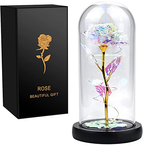 Galaxy Rose in Glass with LED Light, Colorful Rose Flower Gift for Valentine's Day Wedding Anniversary (Colorful)