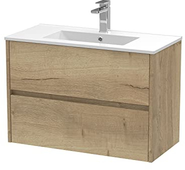 Hudson Reed HAV806B Havana Modern Bathroom Wall Hung 2 Drawer Vanity Basin Unit & Minimalist Ceramic Basin, 800mm, Woodgrain Autumn Oak