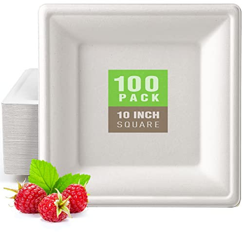 Gezond Paquete de 100 platos de papel cuadrados compostables de 10 pulgadas, platos de papel desechables grandes cuadrados, platos blancos biodegradables para fiestas