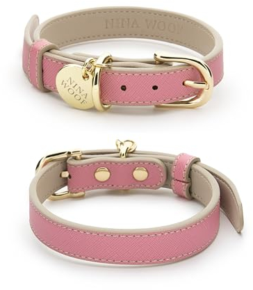 Nina Woof Rio Collier pour Chien en Cuir végan, rembourré, Boucle réglable, Texture Saffiano, Rose, Taille M