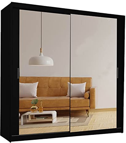 Samsun Modern Double Sliding Mirror Door Wardrobe Bedroom with Adjustable Hanging Rails, Shelves Storage Cupboard For Home Furniture (Black, 150cm)