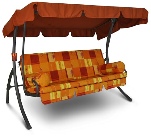Angerer Freizeitmöbel GmbH Hollywoodschaukel Trend - Gartenschaukel Made in Germany - Schaukel zum Sitzen, Liegen und Entspannen - inklusive Bett-Funktion - einfache Montage (Orange-Gelb Gemustert)
