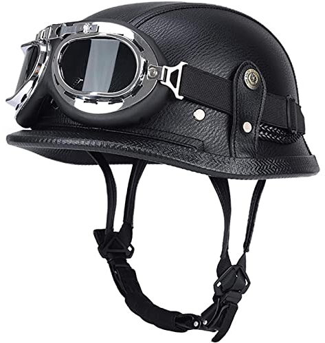 EBAYIN Retro-Motorrad-Lederhelm, Vintage-Halbschalenhelm, Scooter-Helm mit Brille, Jethelm, DOT, ECE-geprüft, Männer, Frauen, Erwachsene, Jethelm, Halbhelm,F-M=(57~58cm)