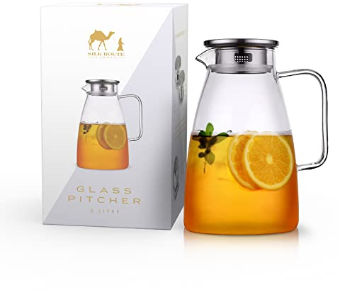 Silk Route Home Pichet en verre avec couvercle en acier inoxydable 2 l