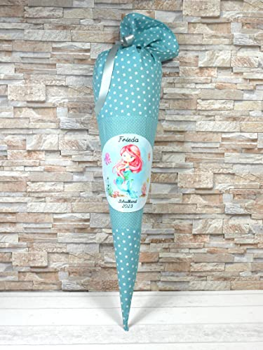Schultüte aus Stoff altgrün mit Name Meerjungfrau Zuckertüte 70cm oder 85cm mint