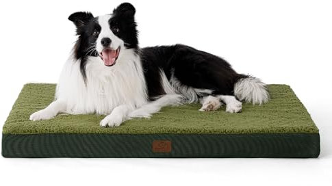Bedsure Large Dog Bed Washable - Orthopedic Dog Pillow and Mattress Mat for Dog Crate with Removable Plush Sherpa Cover, Dark Green, 91x69x7.6cm