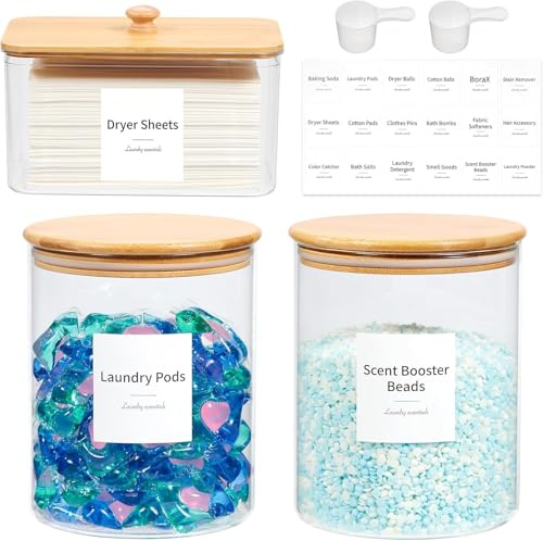 KitHero Glass Laundry Pods Container & Acrylic Dryer Sheet Holder with Bamboo Lids, Scoops & Labels | Premium Laundry Room Organization and Storage for Detergent Pods, Powder, Dryer Balls & Beads