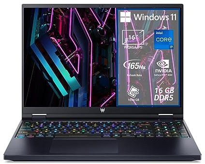 Acer Predator Helios 16 PH16-71-77HX Notebook Gaming, Processeur Intel Core i7-13700HX, RAM 16 Go DDR5, 1024 Go SSD, Écran 16 WQXGA IPS 165Hz, NVIDIA GeForce RTX 4060 8 Go GDDR6, Windows 11 Home