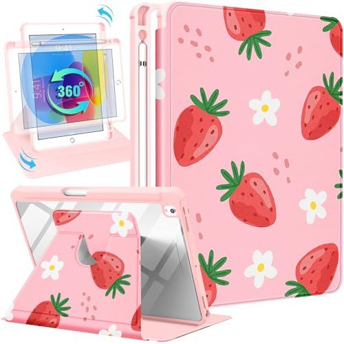 Uppuppy 360 Grad drehbare Schutzhülle für iPad mit Stifthalter | iPad 25,9 cm (10,2 Zoll), 9. / 8. / 7. Generation, automatischer Schlaf-/Wachmodus, Erdbeerblumen-Design für Damen und