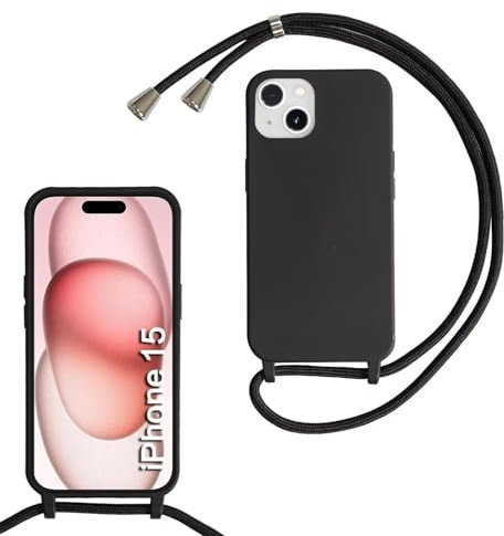 SLWYF Compatible with iPhone 15 Crossbody Lanyard Case, Liquid Silicone Protective Phone Case with Strap Adjustable Neck Cord Necklace Soft Cover for iPhone 15, Black