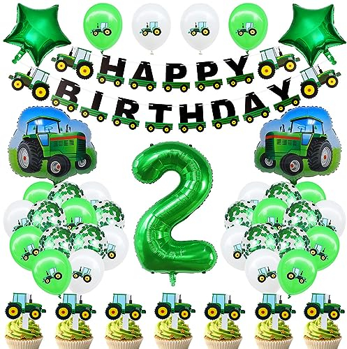 Geburtstagsdeko 2 Jahre Junge Traktor - Luftballon, Folienballon, Konfetti für Kindergeburtstag und Babyshower - Grüne Party Dekoration