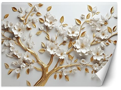 Feeby Fototapete 3D Blumen Blumenmotiv 350x245 cm Gold XXL Vlies Wandtapete Tapeten Wohnzimmer Schlafzimmer Jugendzimmer Moderne Design Wandbild Wand Dekoration Botanik Pflanzen Natur